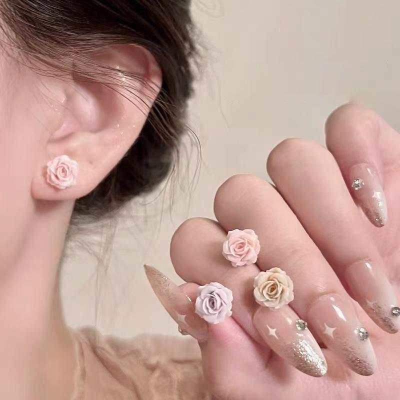 Resin Rose Flower Stud Earrings Simple and Small Design Earrings Fashionable, Fresh and Sweet Versatile Earrings