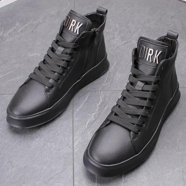 Европейская обувь для мужчин кожаная повседневная обувь высокие кеды на плоской подошве обувь для скейтборда молодежные уличные крутые кроссовки на шнуровке 39 чёрный 3797₽