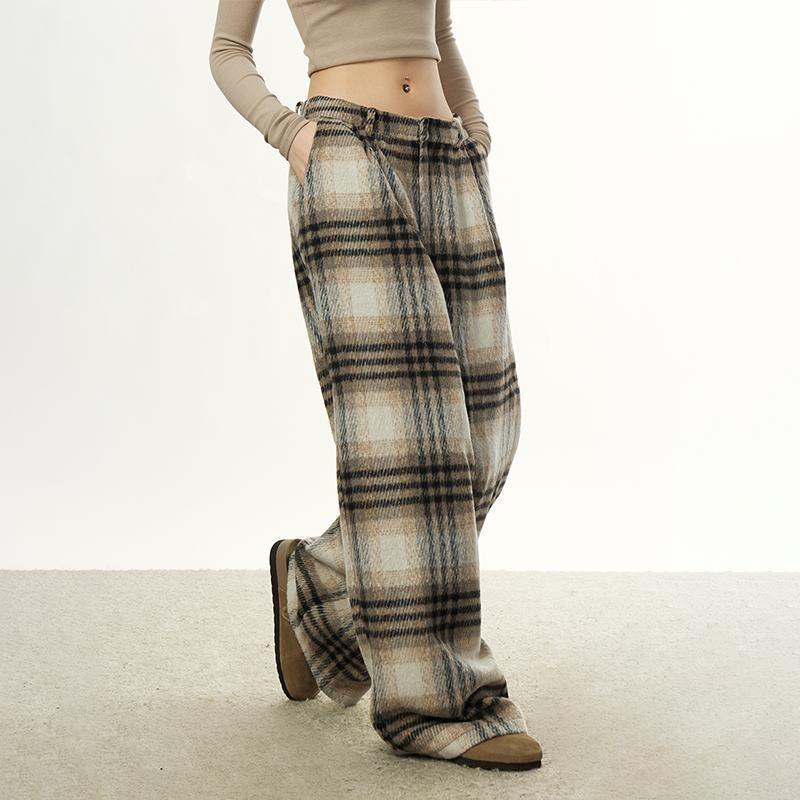 Women's Retro Plaid Wool Wide-Leg Pants - Loose, Versatile Design for Autumn/Winter