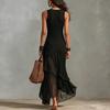 European and American solid color sleeveless round neck splicing irregular chiffon ruffle edge elegant holiday dress