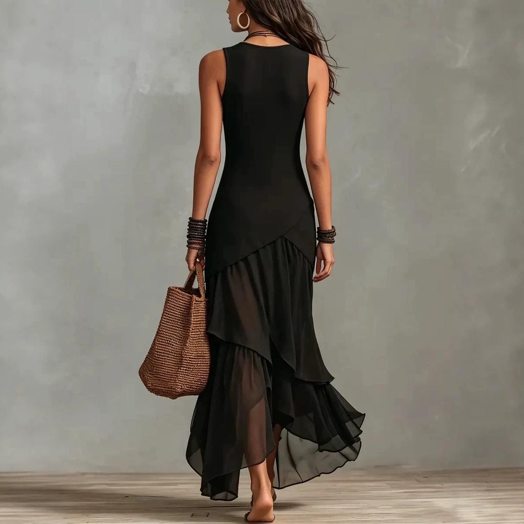 European and American solid color sleeveless round neck splicing irregular chiffon ruffle edge elegant holiday dress