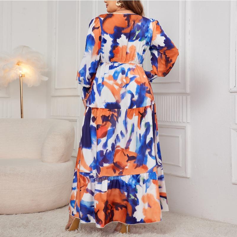 Women's Plus Size Loose Print Mid Length V Neck High Waisted Dress