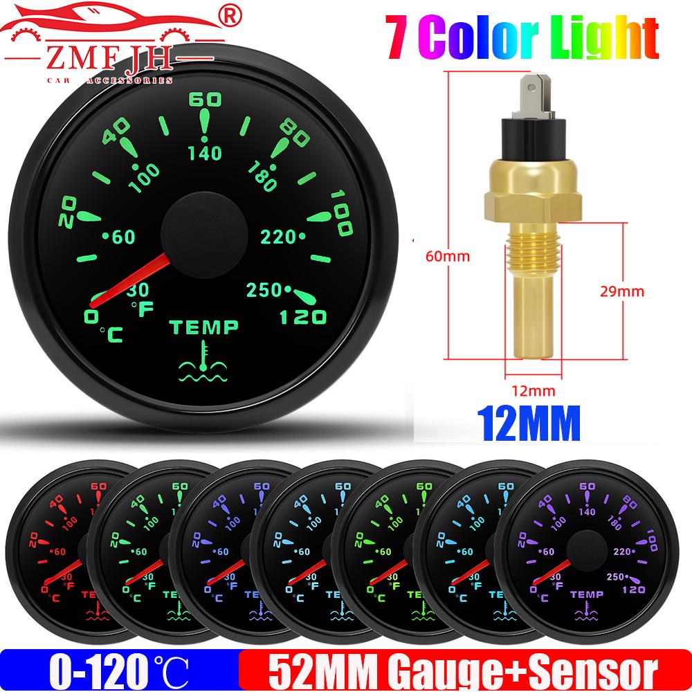 0~120℃,30~250℉ 52MM Water Temperature Gauge+Water Temp Sensor 10.2MM,12MM,16MM,17MM,21MM 7 Color Light for Boat Yacht Car 12V24V