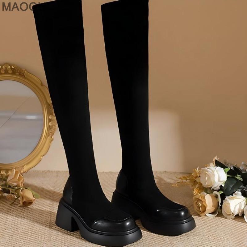 Women's Stretch Thigh High Boots Black Platform Over-the-Knee Modern Long Boots Fashion Slip on Short Plush Winter Botas Mujer
