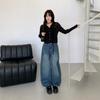 New Arrivals Open Run Women Casual Washing Medium Blue Balloon Fit Wide Denim