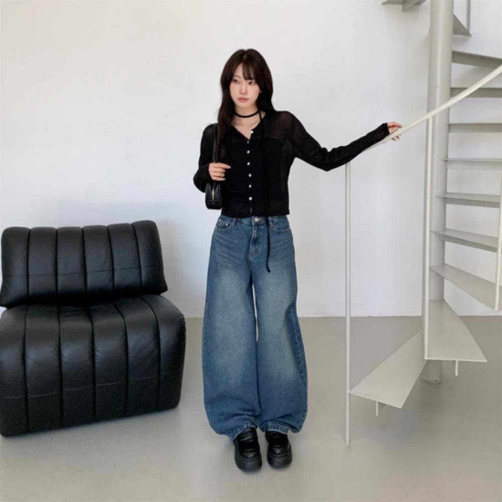 New Arrivals Open Run Women Casual Washing Medium Blue Balloon Fit Wide Denim