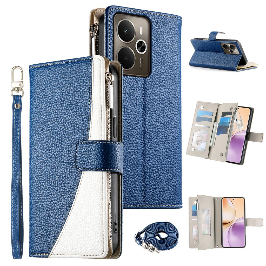 For Realme 14 5G Case Zipper Wallet Color Splicing Leather Flip Phone Cover with Straps