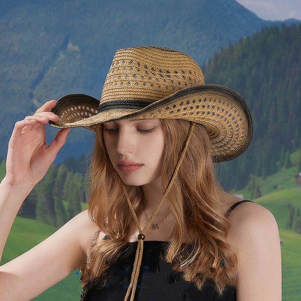 Summer Western Cowboy Hat Wide Brim Cowgirl Visor Cap Vintage Grass Hat  Bucket Hat