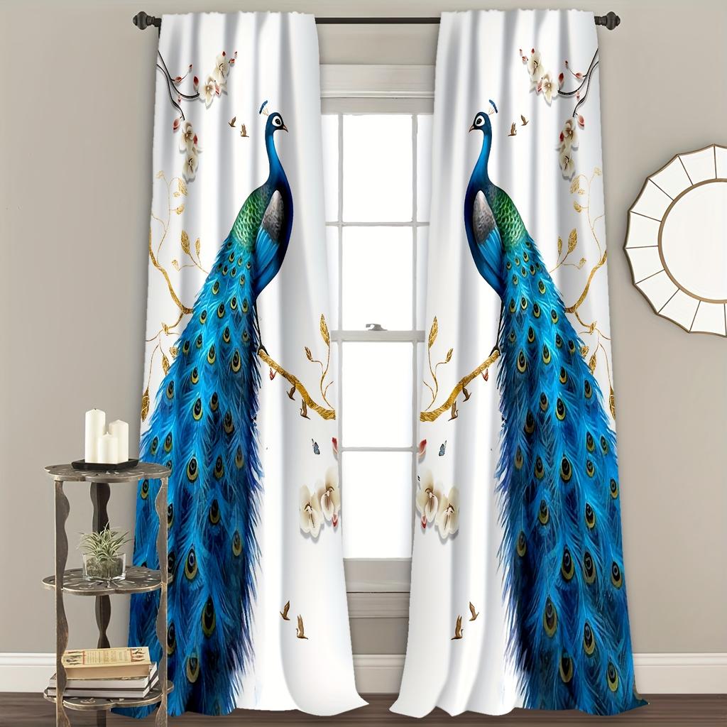 Peacock Print Curtains Window Treatment Bedroom Office Kitchen Living Room Study Home Decor Curtain Set Of 2 Made Polyester With Rod Pocket Washable