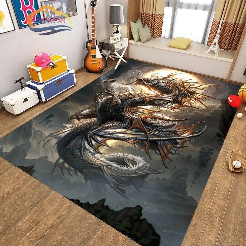 Kinesisk Drage Teppe 3D Trykk Dyr Tegneserie Mytisk drage Områdeteppe Stue Lekematte Gang Entrédør Dekor