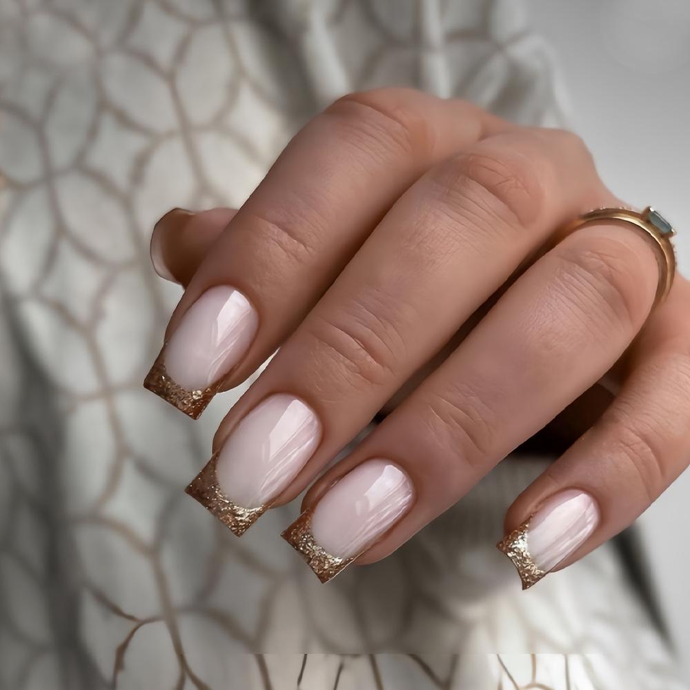 24 шт. Розовые бриллиантовые французские квадратные накладные ногти в стиле инс с линейным дизайном, простые, элегантные, милый маникюр на каждый день