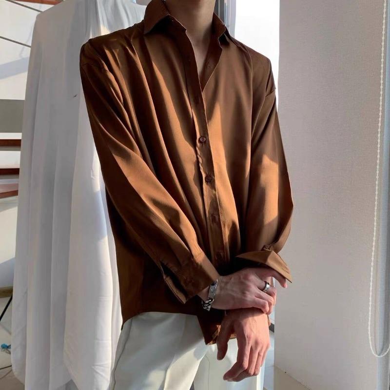 Pánská černá saténová košile na knoflíky Ležérní Oversized Streetwear Top