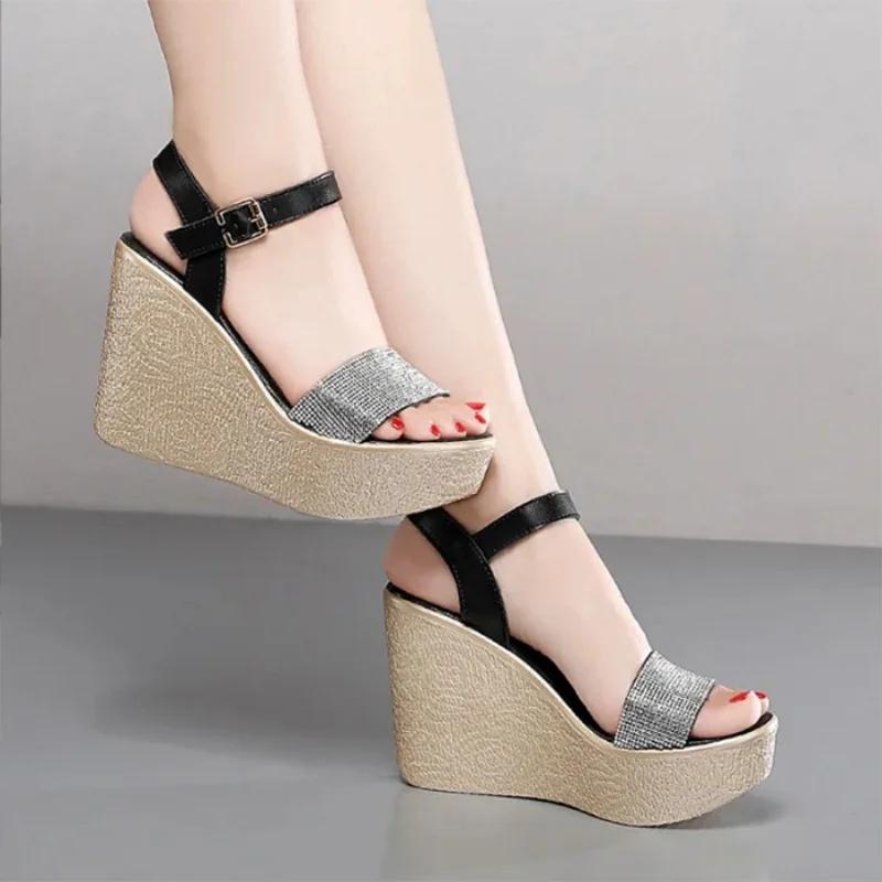 8cm 11cm Small Size 32-43 Fashion Mix Color Rhinestone Platform Wedges Sandals 2024 Thick Sole High Heels Shoes for Office Model