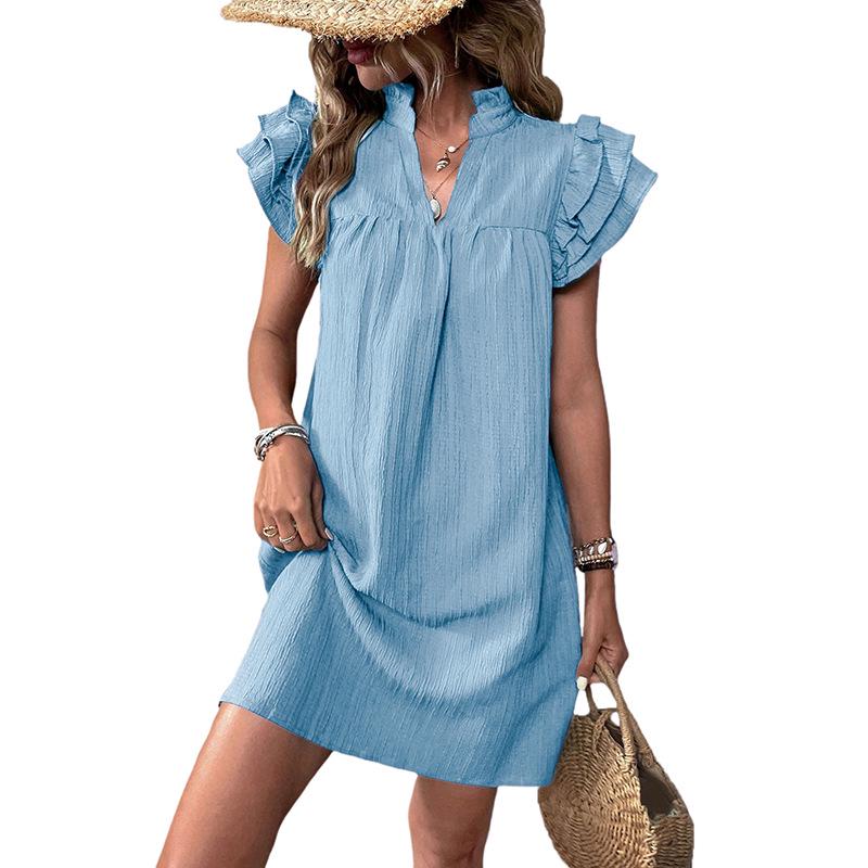 Summer Style Loose Straight Dress - Casual Vacation Stand Collar Solid Color European and American Fashion