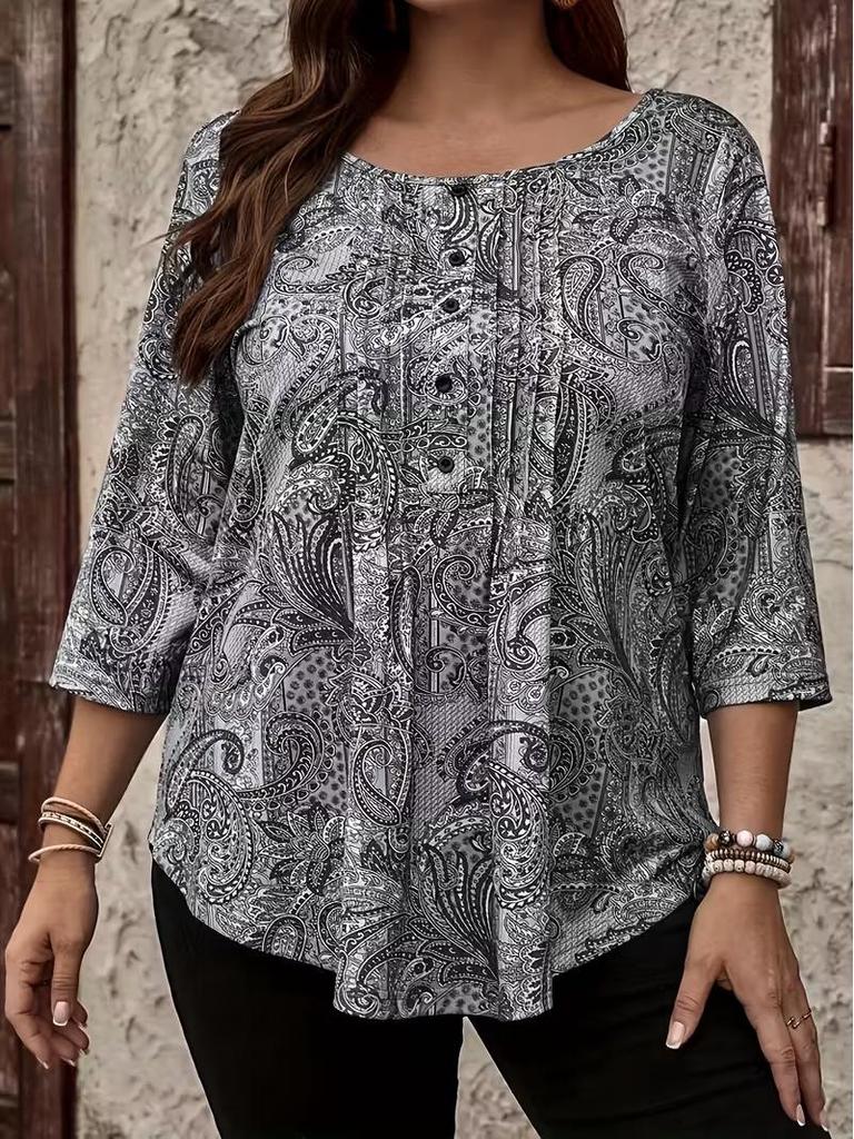 Übergröße Paisley-Print Langarm-Knopf-T-Shirt für Damen