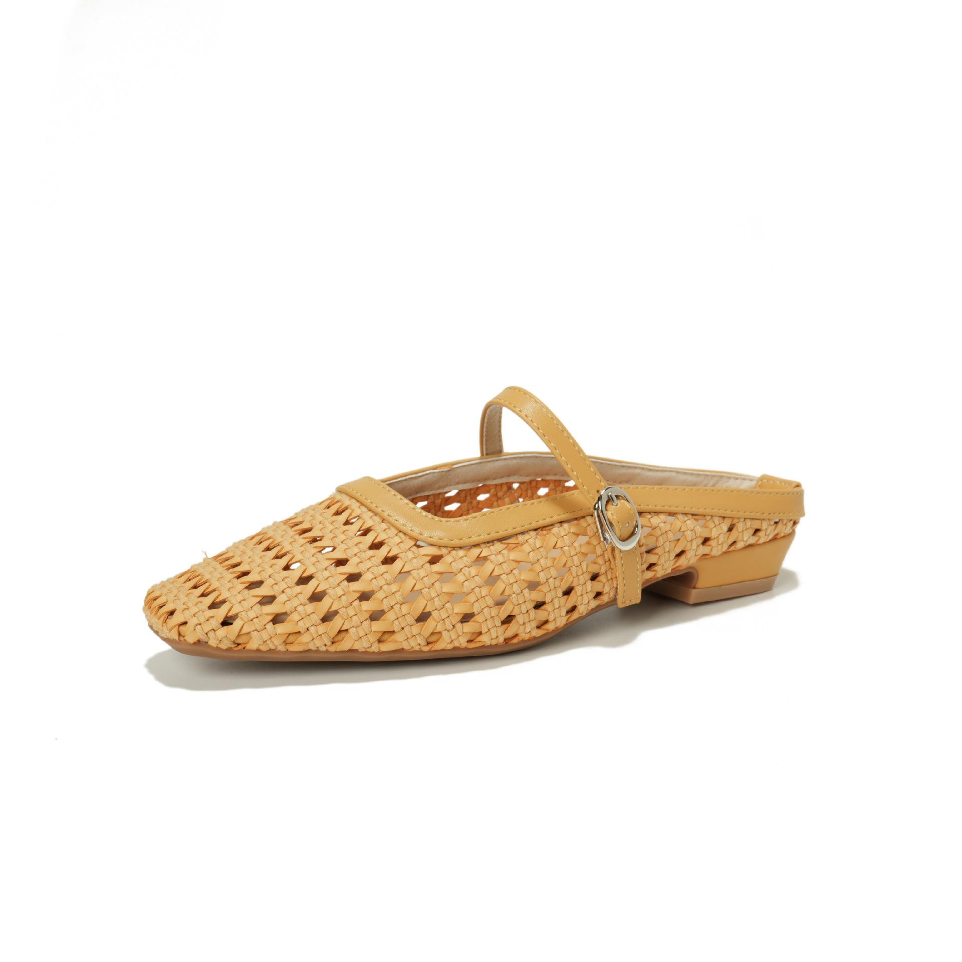 

Hollow woven bag head half slippers women s summer wear is beautiful, not tired feet thick heel sandals 43 жёлтый