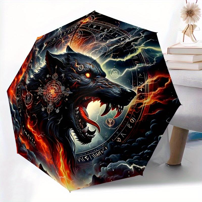 1pc A Fiery Wolf amidst Celestial Symbols Pattern Automatic Umbrella is Fashionable and Good-Looking, Suitable for Travel and Daily UseC014
