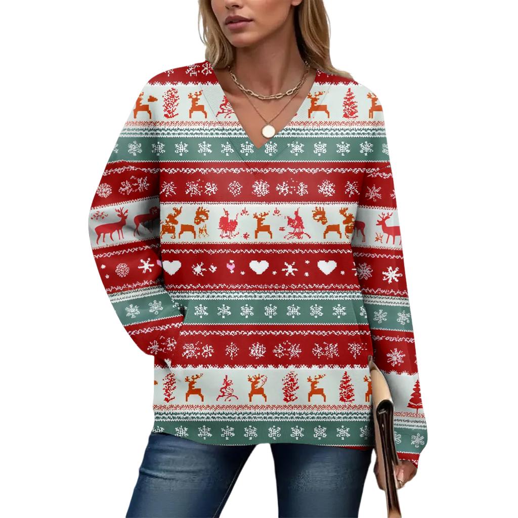 Women's Casual And Fashionable Christmas Print Long-Sleeved Top