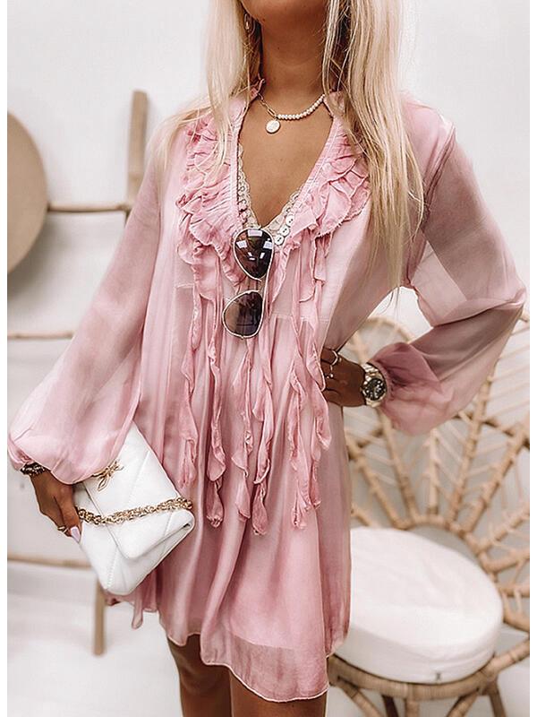 In-stock #416 Loose-Fitting Floral Lapel Long-Sleeved Chiffon Shirt