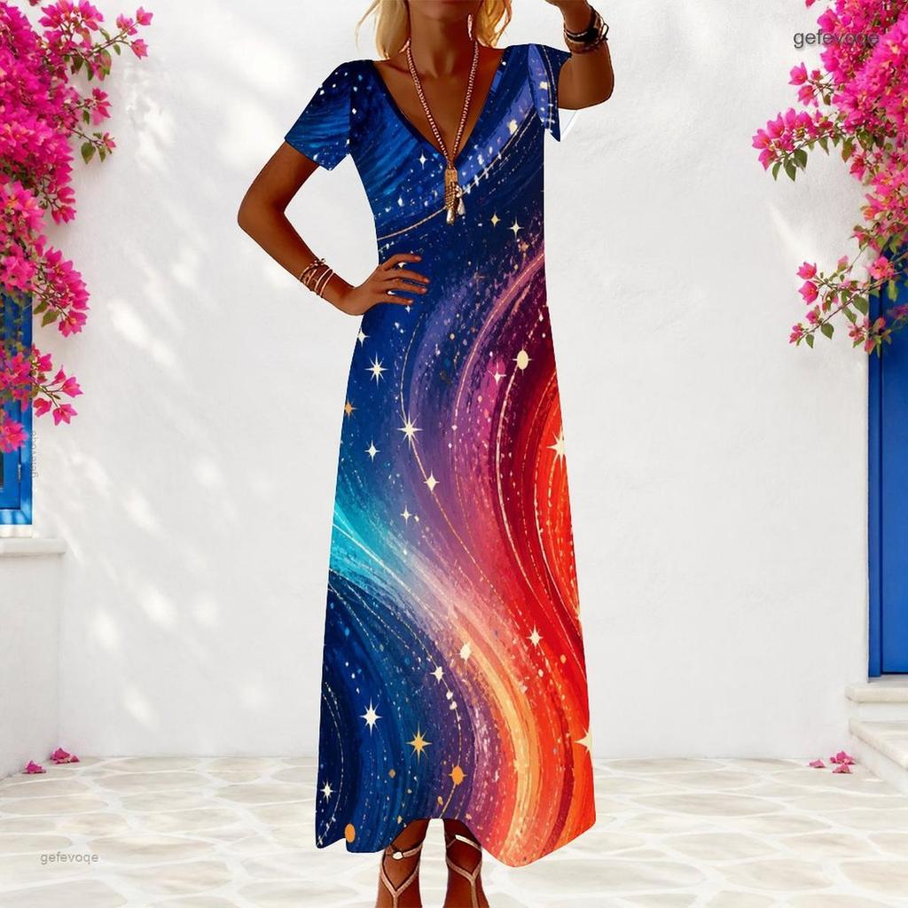 Women Plus Size V Neck Short Sleeve Galaxy Star Printed Maxi Dress