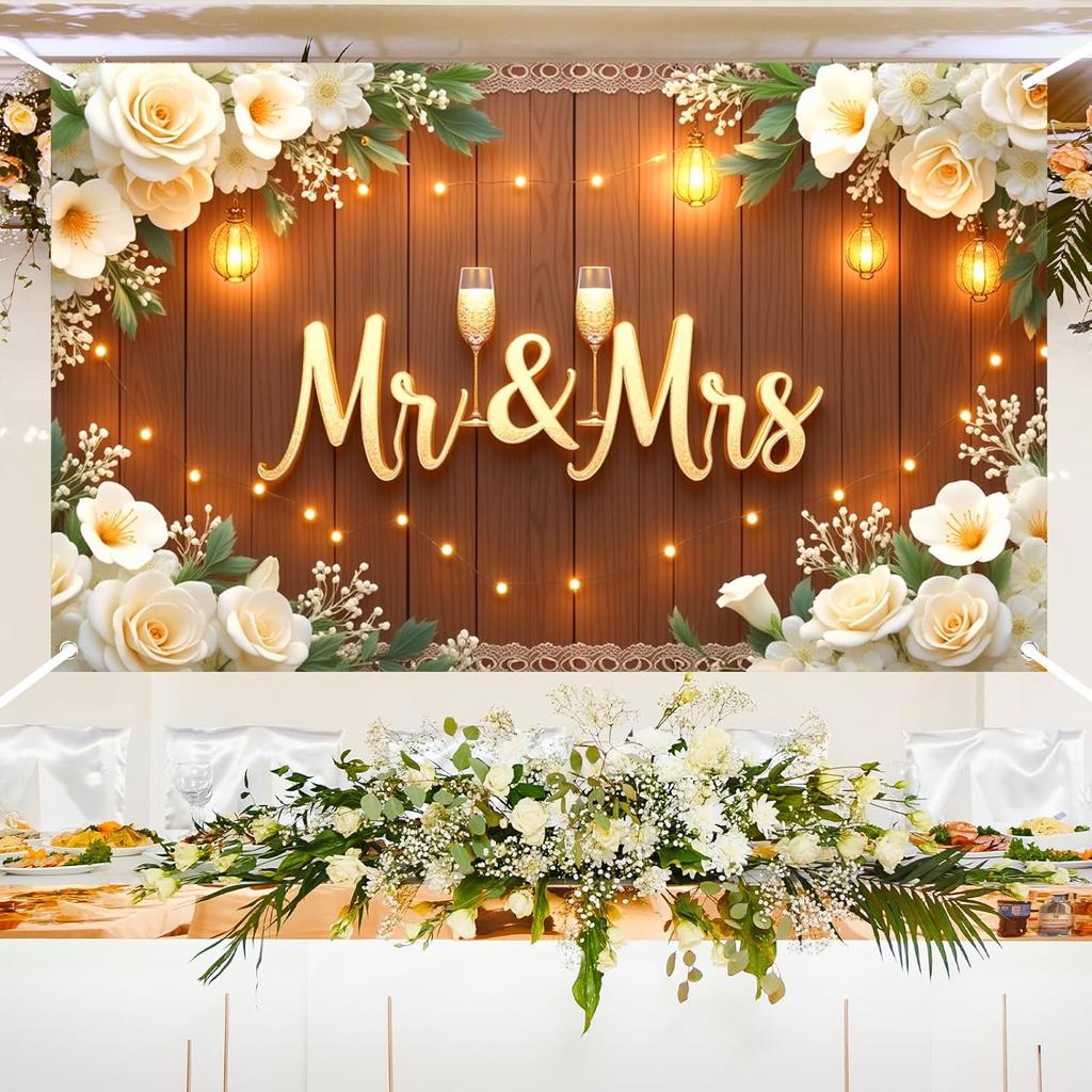 Mr & Mrs Wedding Backdrop Banner Party Decorations Engaged Banner Photo Booth Props Wedding Shower Party Decoration for Reception Bridal Shower