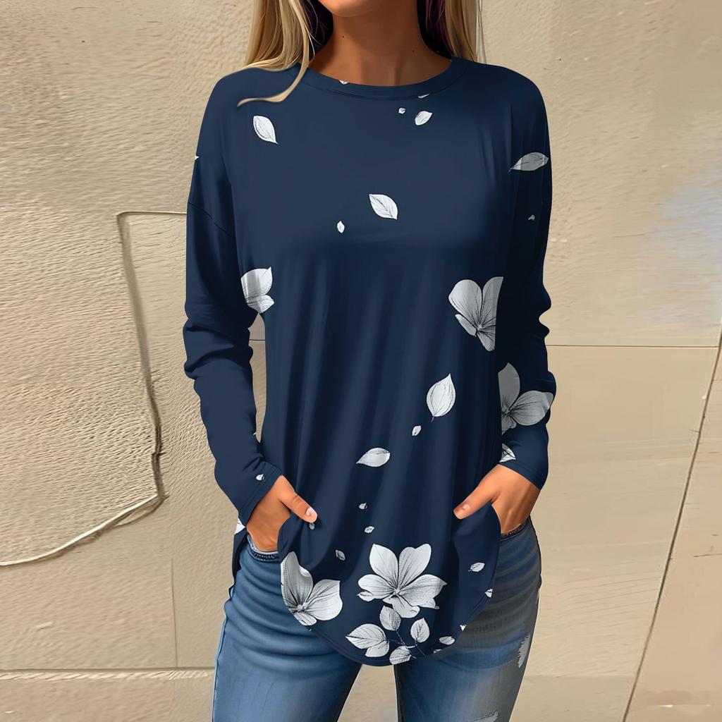 Women's Fashion Casual Round Neck Floral Long Sleeve T-shirt Pullover Long Sleeve Top