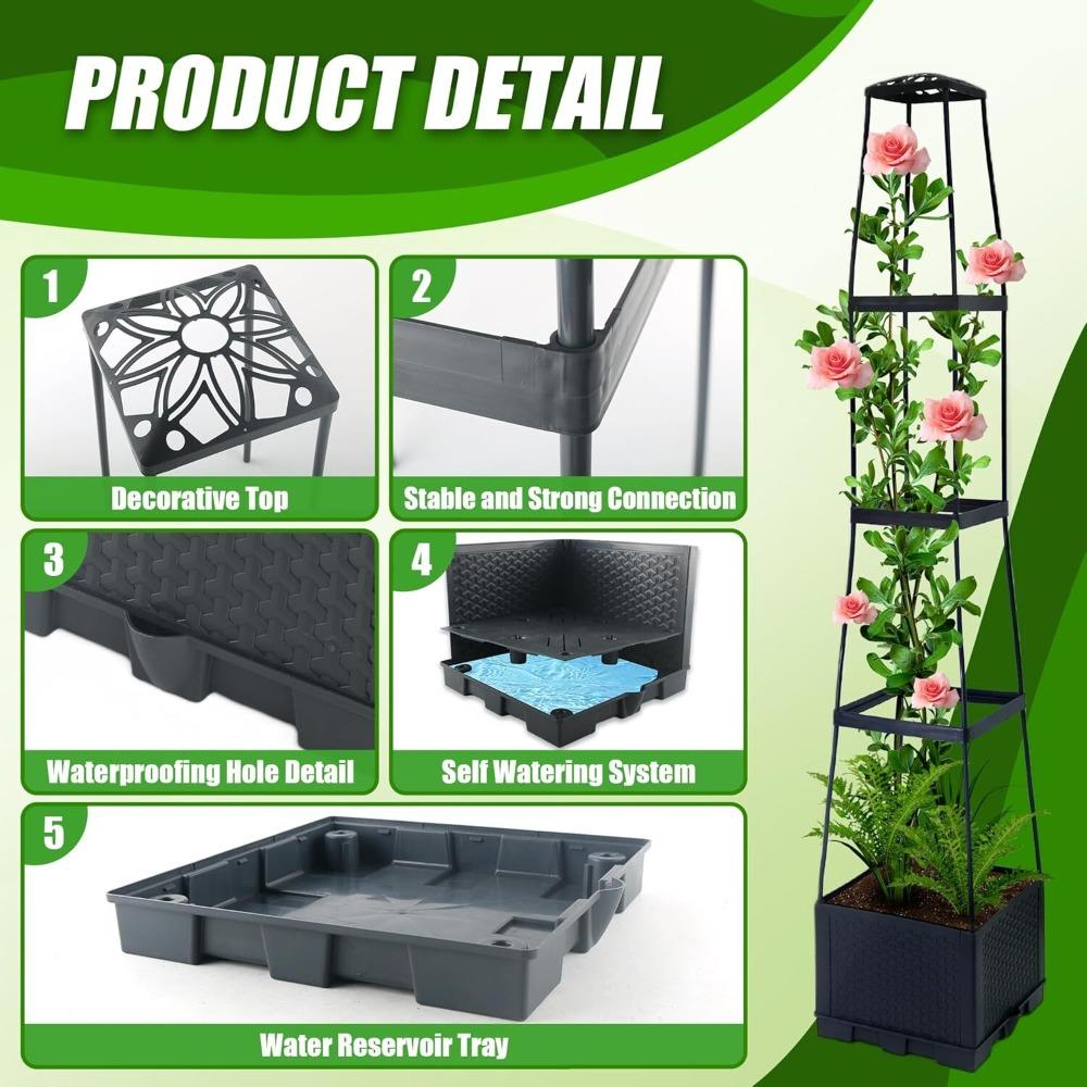 4-story Raised Planter Box with Trellis Plastic Raised Garden Beds and PP Trellis for Climbing Plants,Flowers,Vegetables