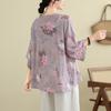 Women's Retro Chinese Style Lotus Print V Neck Blouse Casual Loose Fit Half Sleeve Side Tie Knot Linen Blend Top