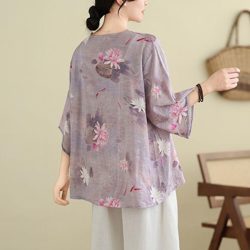 Women's Retro Chinese Style Lotus Print V Neck Blouse Casual Loose Fit Half Sleeve Side Tie Knot Linen Blend Top