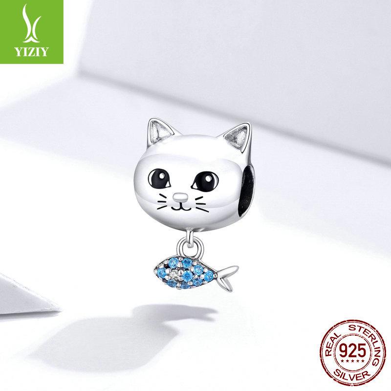 Yinziyun S925 Silver Cat & Fish Beads with Oil Drop Design - Cute DIY Jewelry Accessories (BSC226)