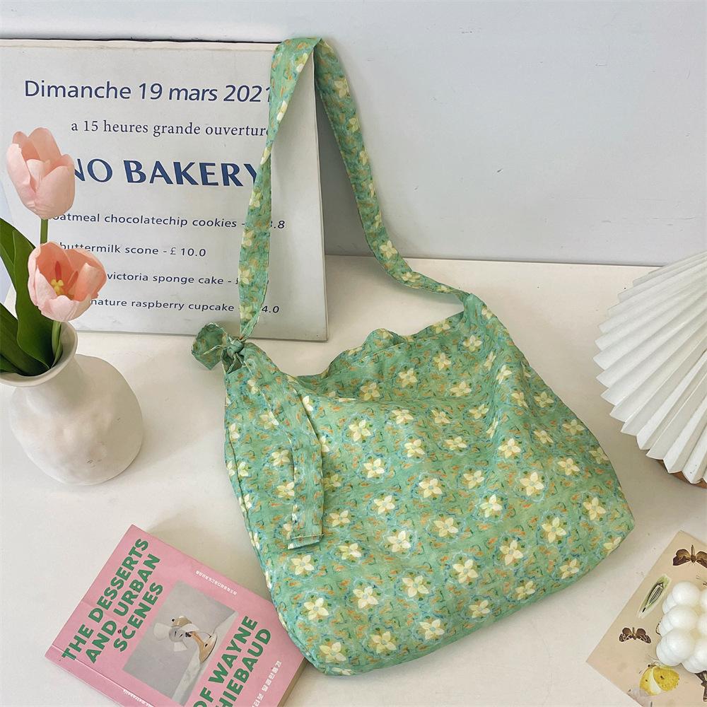 

New green lotus shoulder bag, fresh printed vest bag, student class bag, lace-up schoolbag