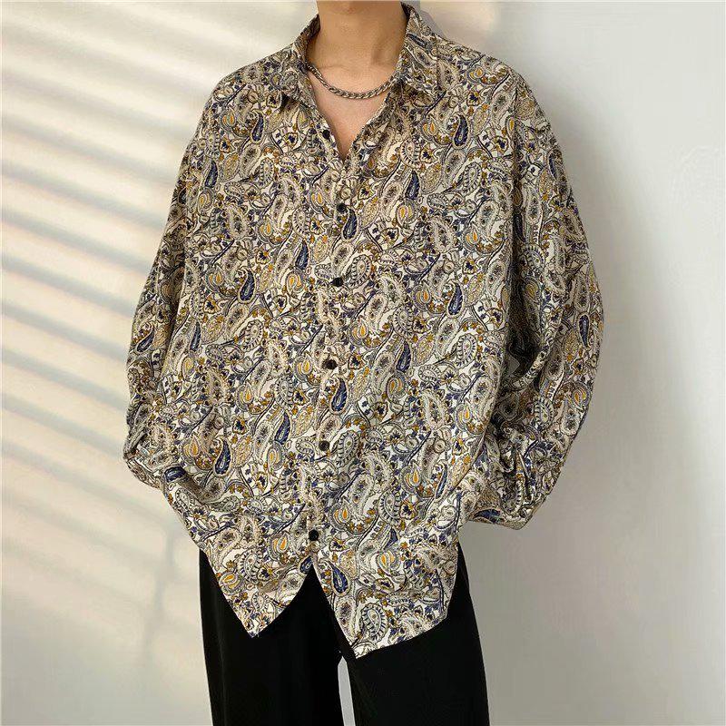 Men's Japanese-Style Full Print Long Sleeve Shirt - Casual, Trendy, Hong Kong-Style Cardigan for Spring/Autumn