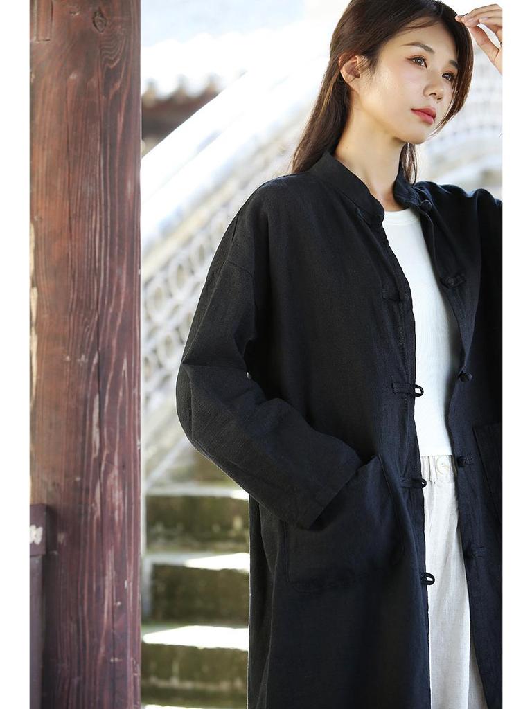 Cardigan de damă din amestec de bumbac și in de lungime medie - Retro spălat cu nisip