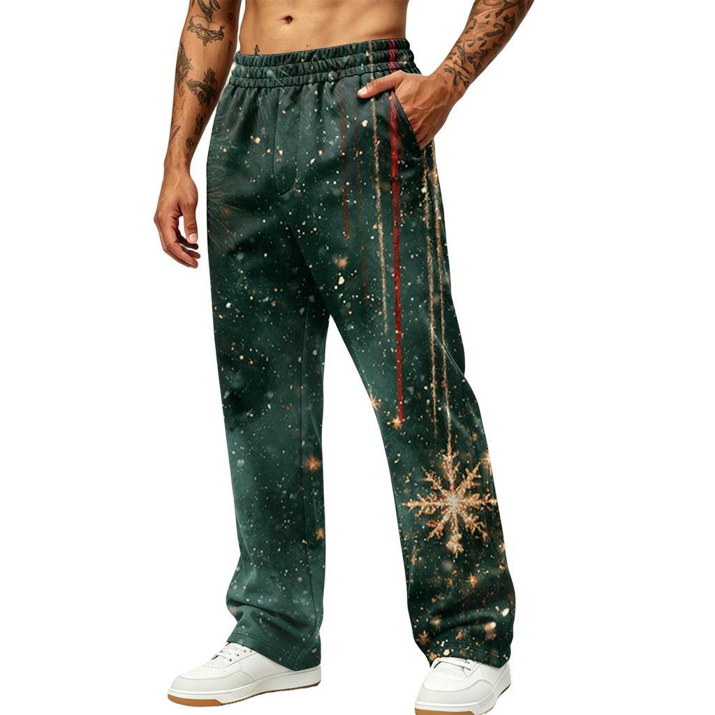 Men's Fashion Casual Loose Fit Wide Leg Christmas Print Sports Pants with Pockets