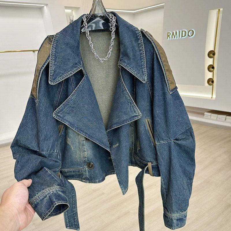 Women's Retro Distressed Patchwork Denim Jacket - Casual Loose Petite Stylish Short Design