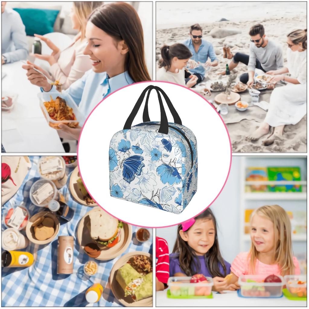 Blue Flowers And Butterflies Kids Lunch box Insulated Soft Bag Cooler Back to School Thermal Meal Tote Kit for Girls Boys