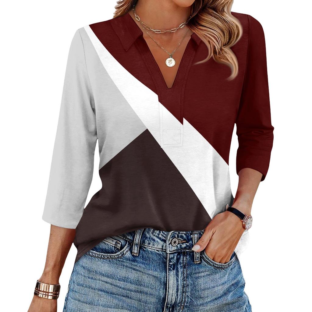 Women's Fashionable Casual Lapel T-Shirt With Striped Patchwork Print Seven Quarter Sleeve Top
