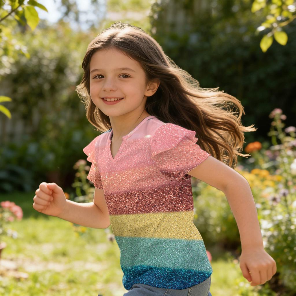 Girls V Neck Short Sleeve T Shirt Casual Top with Ruffle Sleeve and Sequin Print Lightweight Summer Blouse for Kids