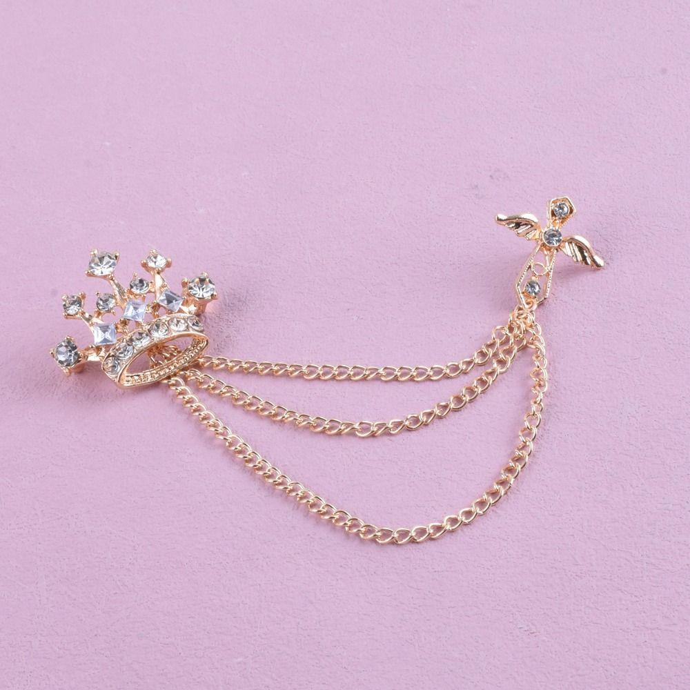 Rhinestone Men Brooch Cross Suit Collar Pin Delicate Crown Tassel Brooch  Ceremony Banquet