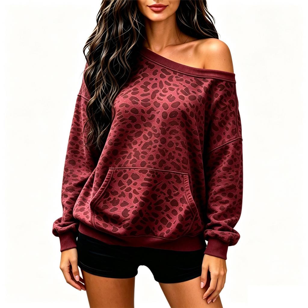 Women's Casual Round Neck Cold Shoulder Leopard Print Long Sleeve Loose Fit Sweatshirt with Pockets