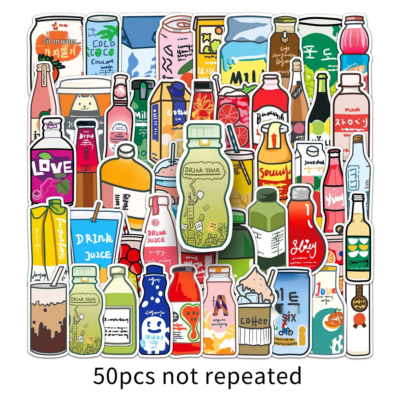 

50 Hand-Drawn Cartoon Drink Bottle Stickers: Non-Infringing Epoxy Stationery for Planners