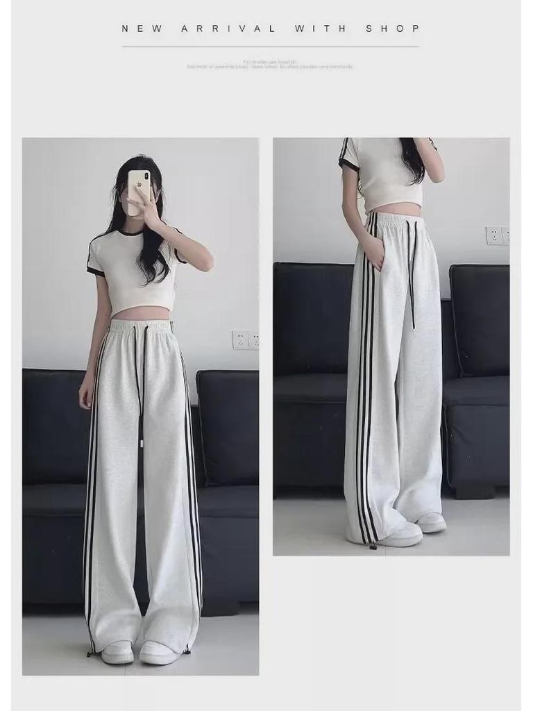 Women's Gray Striped Wide-Leg Sweatpants - Spring/Summer 2024 Fashion