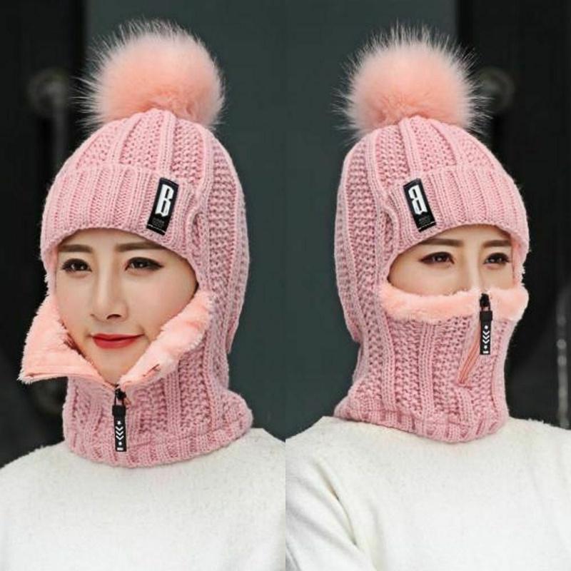Hochwertiger Winter Siamese Schal Kragen Wolle Gestrickte Mütze Beanie Kappen Mütze Skifahren Reiten Bommel Mütze Plüsch Fleece Ohrenmütze(6 Farben)