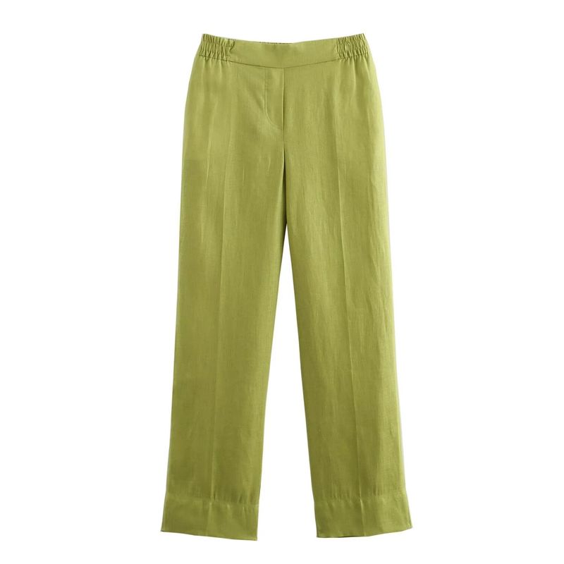 

Fashion Style 2024 Summer Women s Pure Linen Drawstring Waist Short Sleeve Shirt High Waist Straight Pants 3436707 800 Bright Green pants L