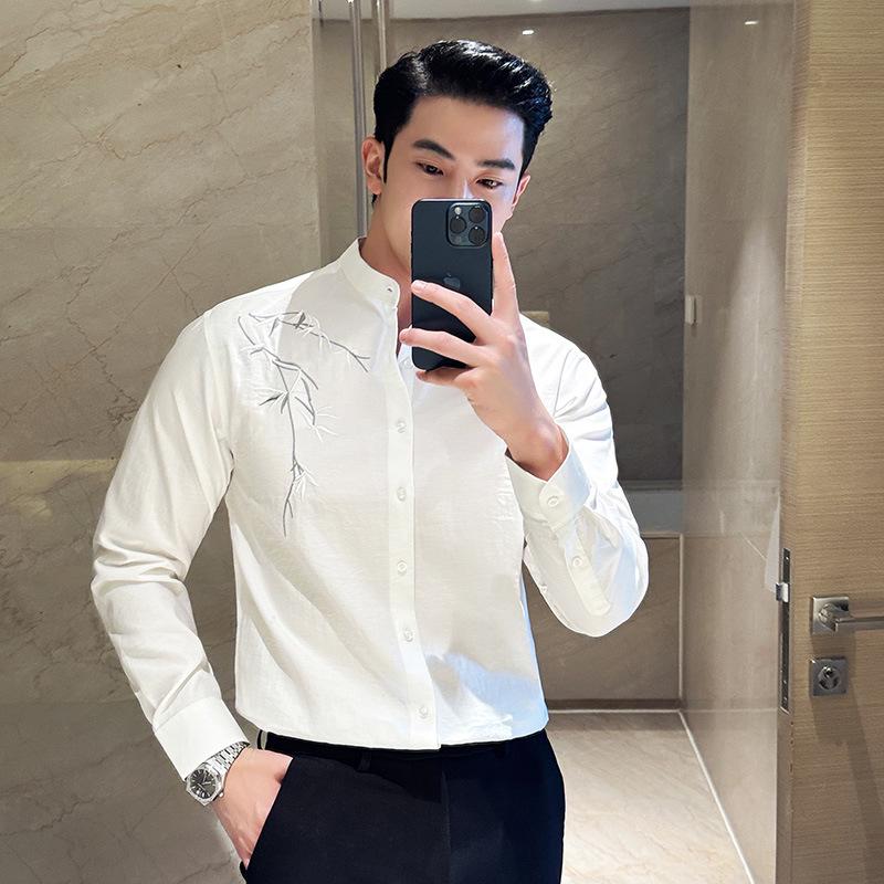 Men's Chinese-Style Embroidered Stand Collar Long Sleeve Shirt