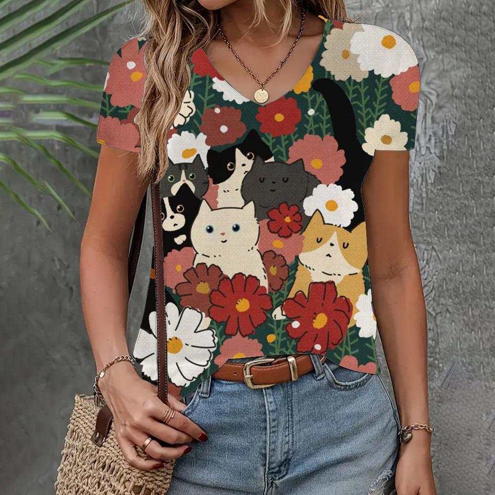 Women's T-shirt 3d Cat Print Short Sleeve Summer Fashion V-neck Top Loose Casual Half Sleeve Elegant Clothing Women's T-shirt