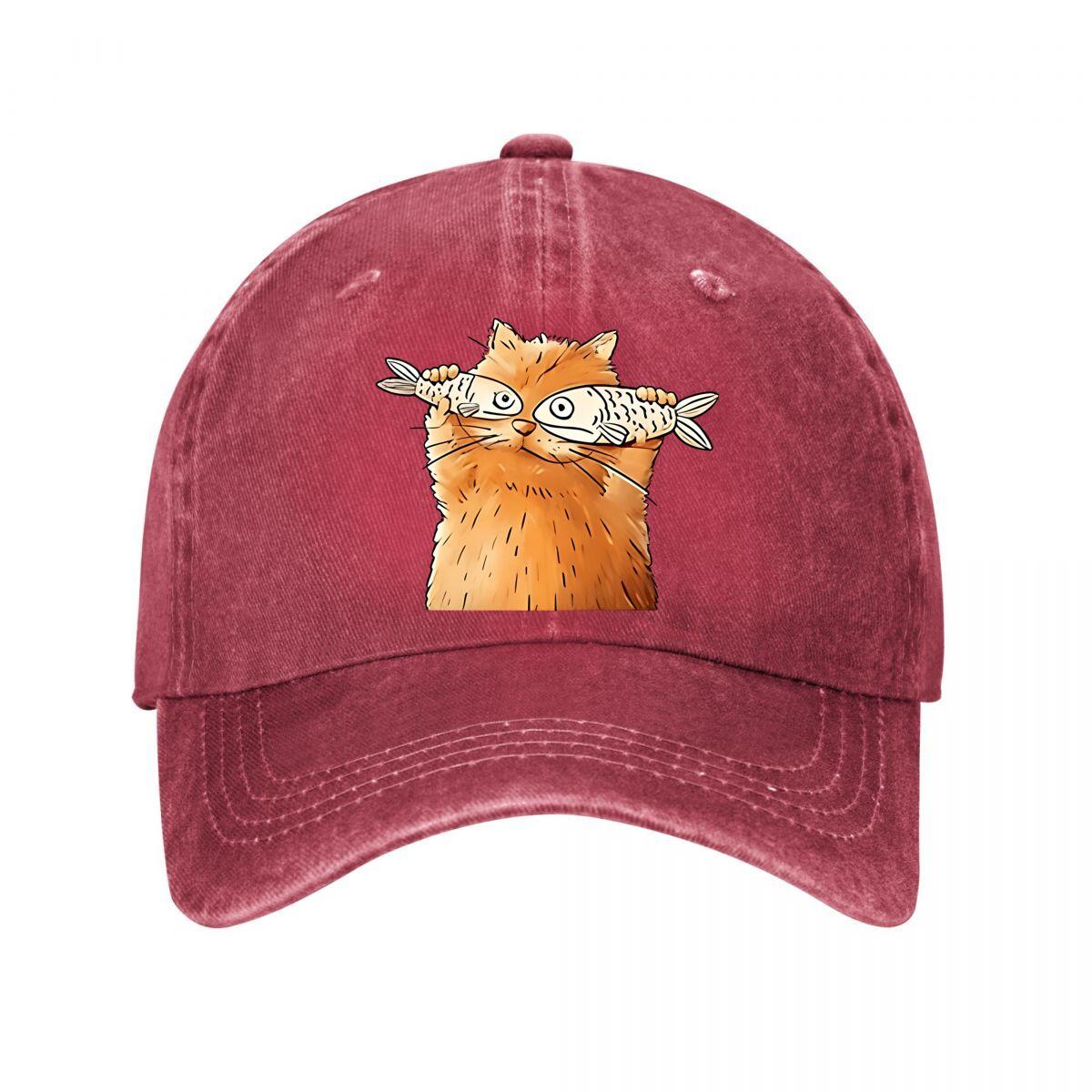 Cartoon Cat Fish Vintage Baseball Cap Washed Baseball Cap Adjustable