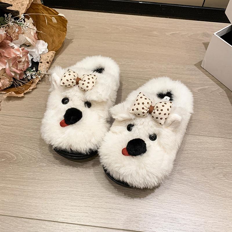 Ugly cute puppy casual fluffy shoes women's autumn and winter cute cartoon warm thick-soled slippers increase height non-slip bag head drag tide