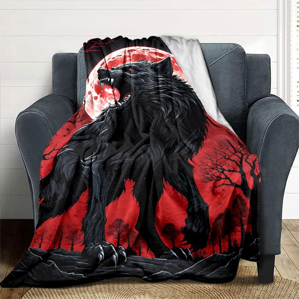 1pc Wolf Howling Moon Soft Warm Throw Blanket Nap Blanket For Couch Sofa Office Bed Camping Travel,Comfortable