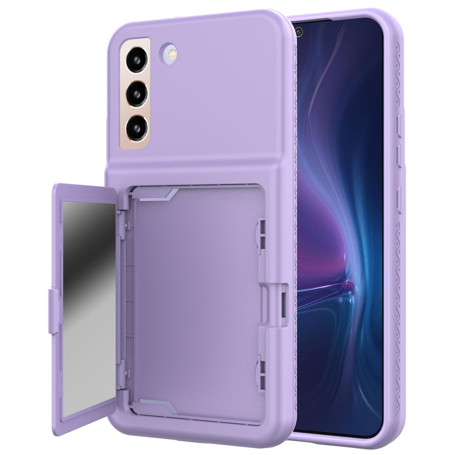 

For Samsung Galaxy S22 5G Cardcase Series Card Holder Kickstand Case Thickened PC+TPU Phone Cover with Mirror Light Purple